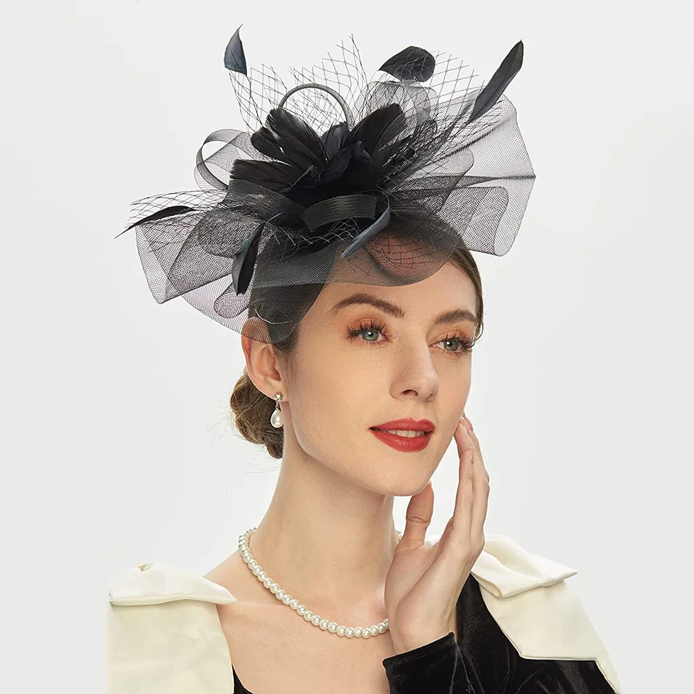 Fascinators cappello donna fiore maglia nastri piume fedora cappello fascia o una Clip Cocktail Tea Party Headwewar per ragazze