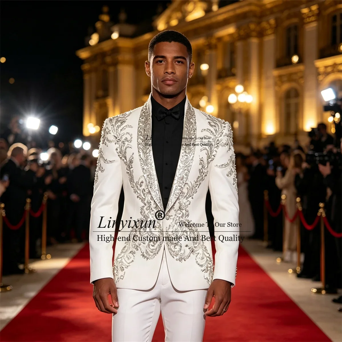 Luxury Jewelry Diamond Men Suits Sequin Lapel Customized Groom Male Blazers 2 Pieces Sets Wedding Party Tuxedos ropa hombre
