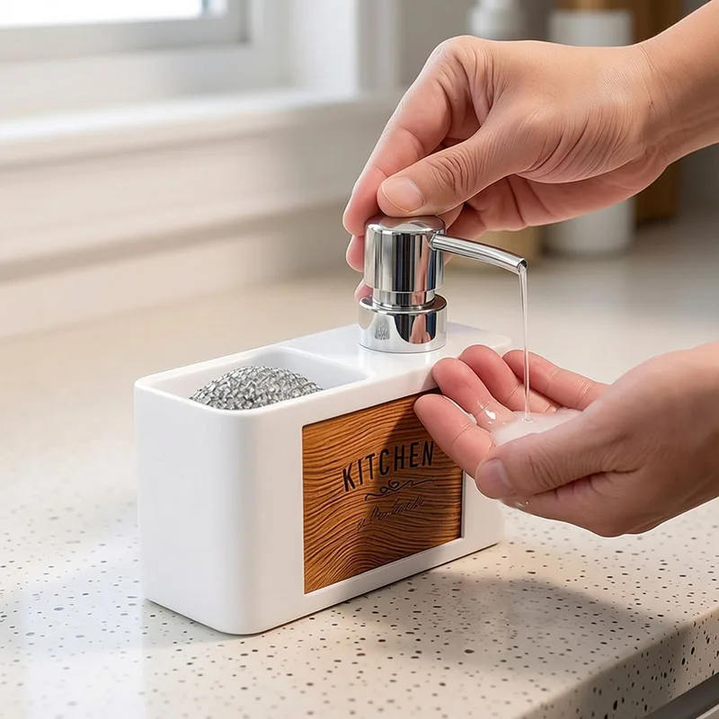 Bathroom Press Type Kitchen Soap Dispenser with Sponge Holder Wood Grain Manual Soap Pump Refillable Bathroom Hand Wash Bottle