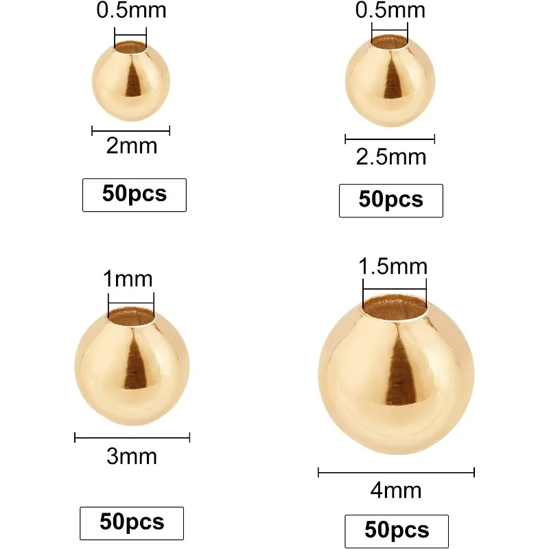 200Pcs 18K Gold Plated Brass Beads Round Spacer Beads with 4 Mixed Size(0.5-1.5mm Hole) for Necklaces Bracelets and Jewelry