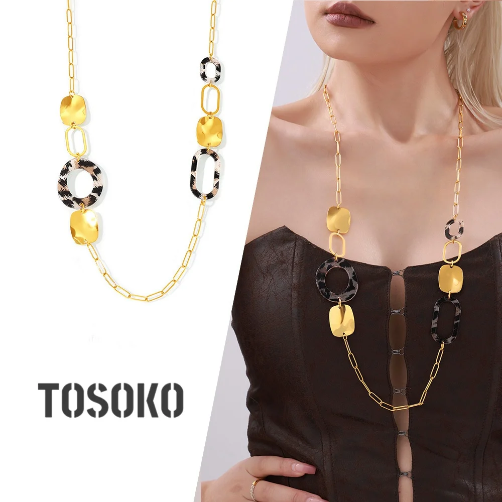 TOSOKO Titanium Steel Jewelry Leopard Print Geometric Long Necklace Sweater Chain Color Preservation M059