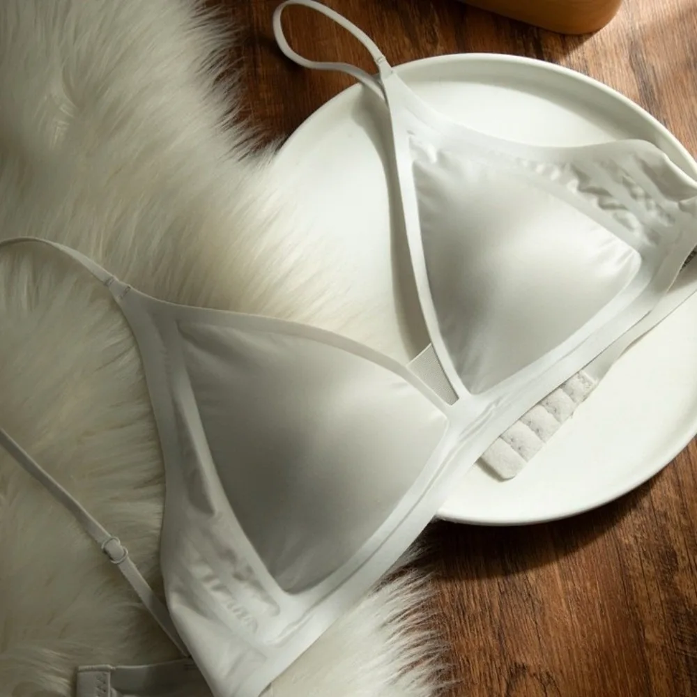 

Milk Satin French Deep V-neck Bra Soft Support Wire Free Seamless Bra Backless Design Adjusted Straps Small Chest Bra