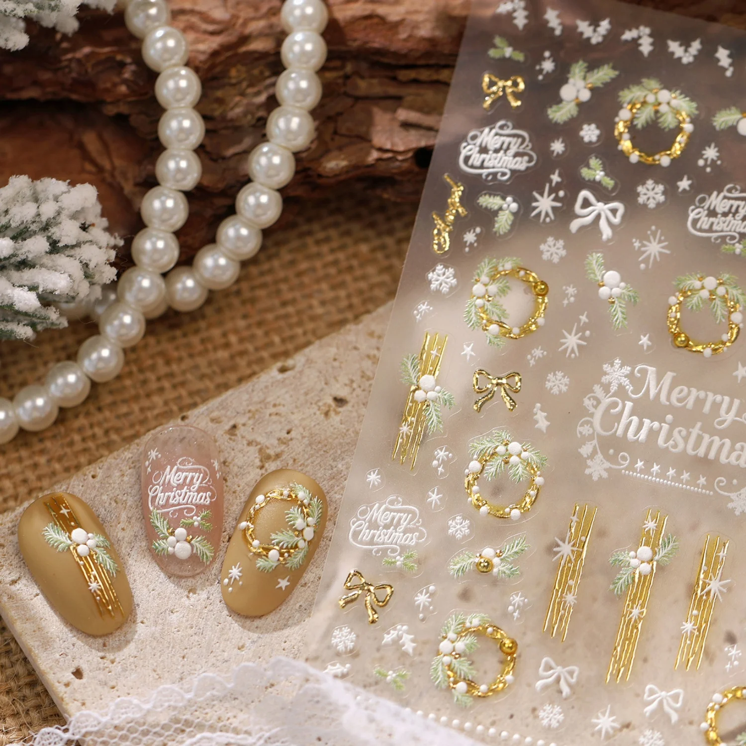 Minimalistische Weißgold 5D Nagelkunst-Aufkleber Weihnachts-Tannenzweig Perle Gold Schleife Schneeflocke Linien-Nagelaufkleber Feiertags-Nageldekoration