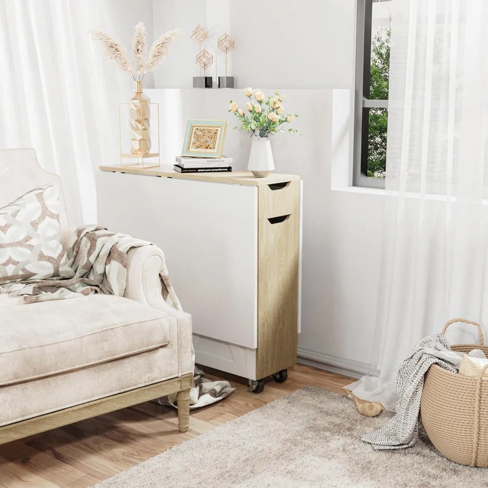 طاولة طعام قابلة للطي موفرة للمساحة مع 6 عجلات وتخزين ذات طابقين لاستخدام المطبخ