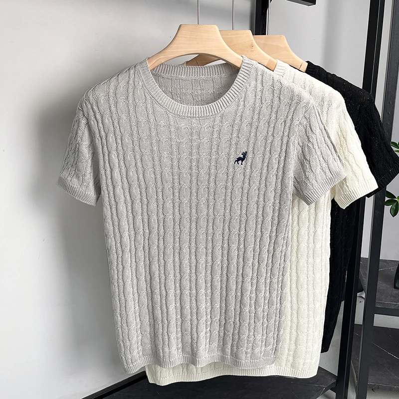 2026 High-end New High-end Fried Dough Twists Texture Round Neck Short Sleeve Sweater for Men