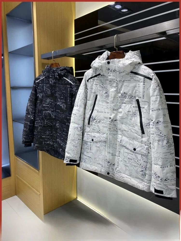 

Thiened Floing Du down Jaet Men's Outdoor Winter Coat Warm Reversible Faionable Print Fur Collar Medium Length Zipper