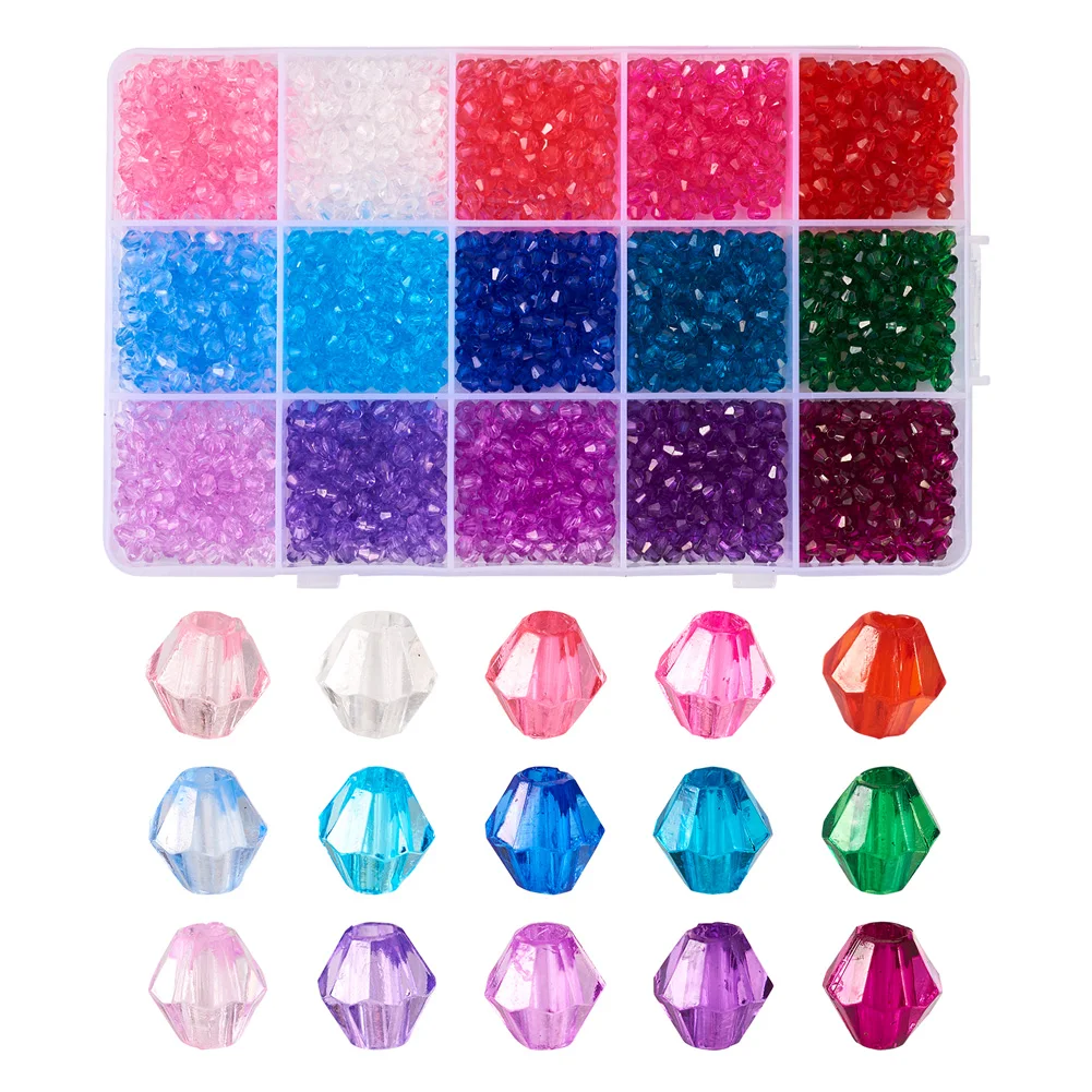 

2250Pcs 4mm Bicone Transparent Acrylic Beads 15 Colors Faceted Loose Spacer Beads for Bracelet Necklace DIY Jewelry Making