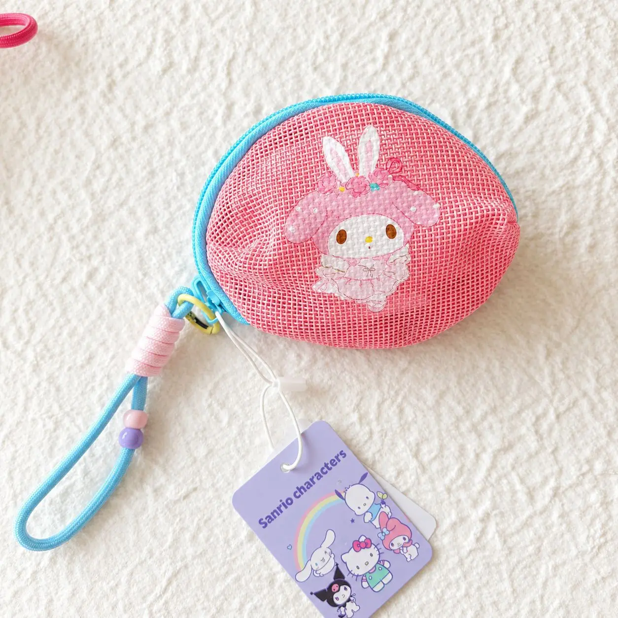 Sanrio Kawaii Mini Mesh Portemonnee met Handriem Hello Kitty Kuromi My Melody Kleine Rits Portemonnee voor Munten en Oordopjes