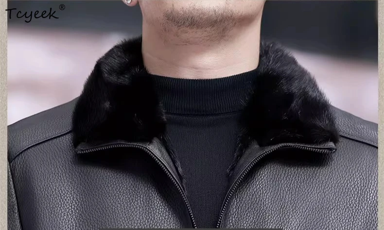 Tcyeek Top Layer Cowhide Genuine Leather Jacket Men Winter Clothes Business Casual Mink Fur Coat Mens Coats Chic Куртка Мужская