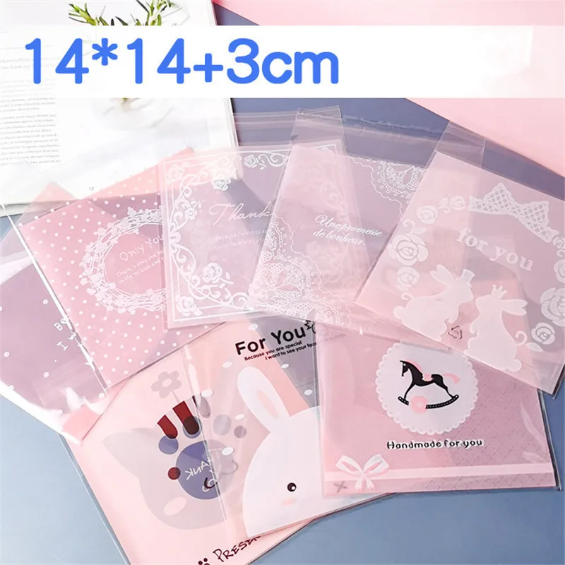 100 Pcs 14x14+3cm Cartoon Animal Flower Lace Printed Plastic Bags Cookie Snack Baking Self Stick Package