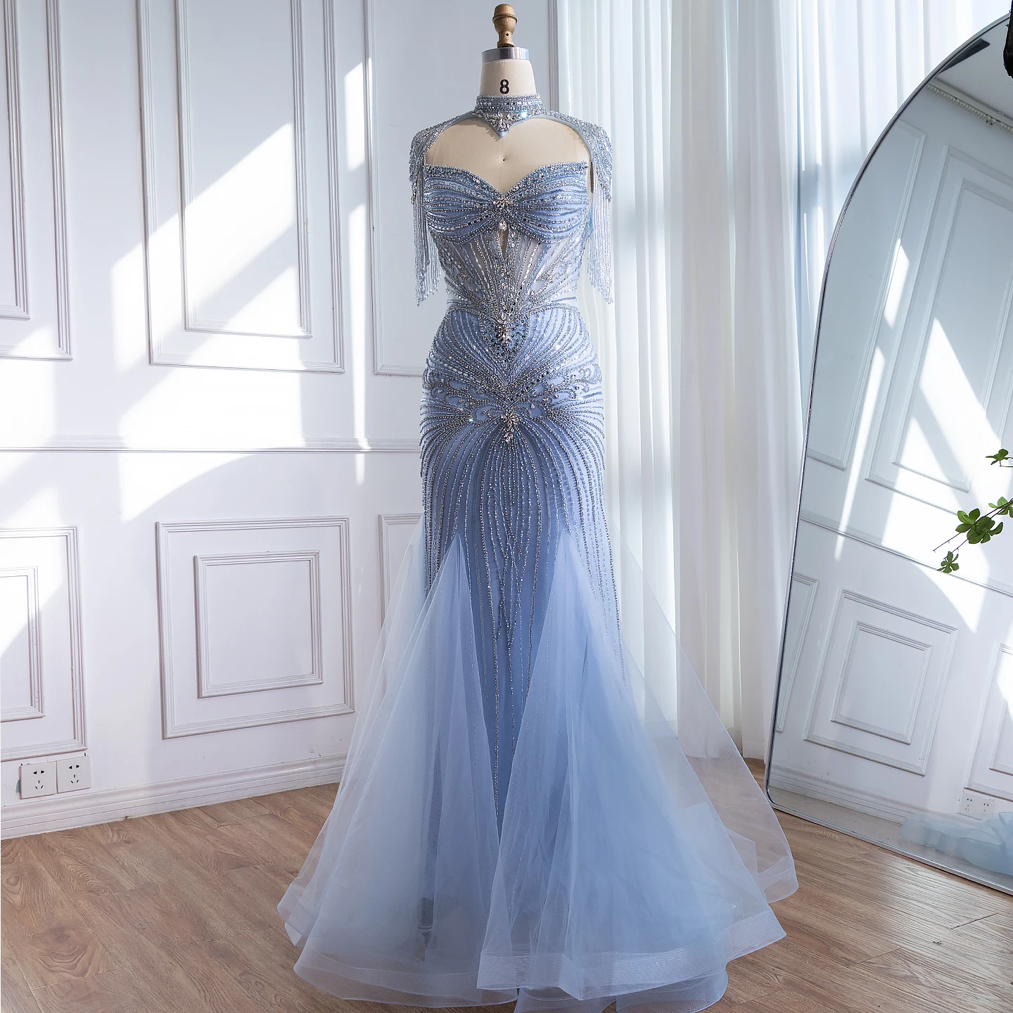 SERENE HILL Beaded Evening Dress Pink Blue Mermaid Gown