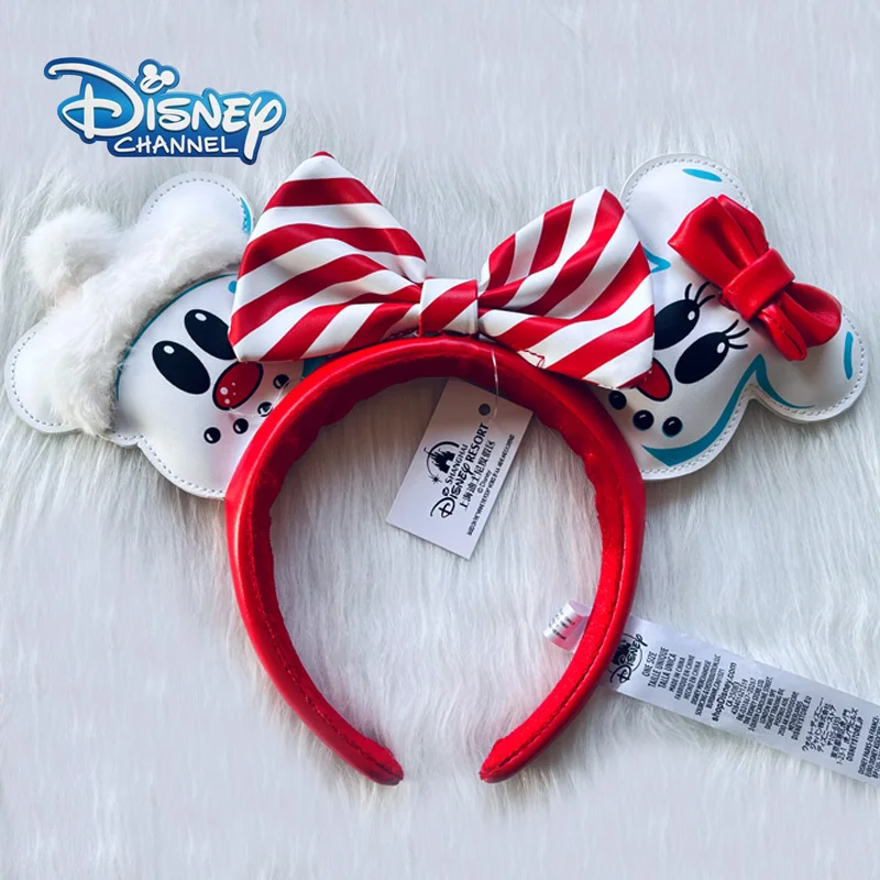 New Disney Winter Christmas Gingerbread Mickey Co-Branding Headband Candy Stripe Bow Headband PU Cartoon Mickey Ears Hair Hoop