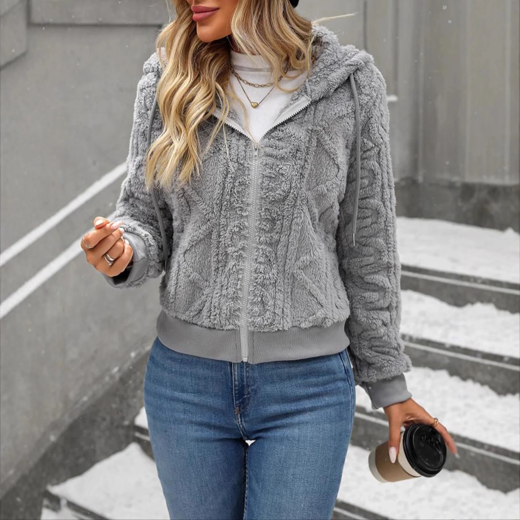 Women's Plush Hooded Jacket Women's Autumn and Winter Alphabet Patch Fashion Warm Zipper Cardigan Top
