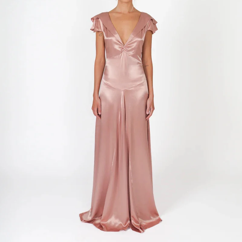 Sexy col en v drapé mince robe de soirée décontracté à volants manches dos nu solide robes robes femmes mode évider Satin longue robe