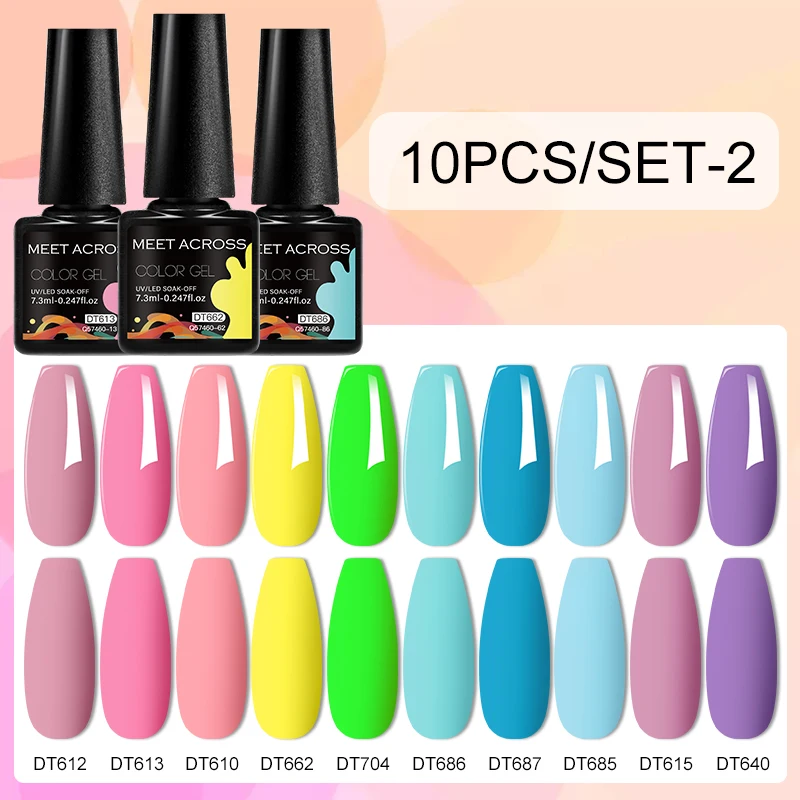 MEET ACROSS 10Pcs/Set Crystal Gel Nail Polish Summer Autumn Glitter Semi Permanent UV Gel Varnishes for Nail Art Manicure Design