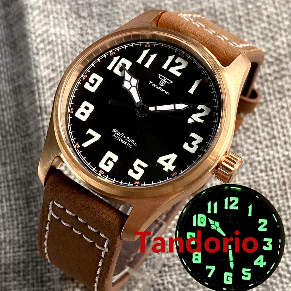 Imagem -02 - Relógio de Couro Luminoso Masculino Movimento Tandorio Nh35a Pt5000 Vidro de Safira Luminoso Bronze Mergulhador 20atm 39 mm