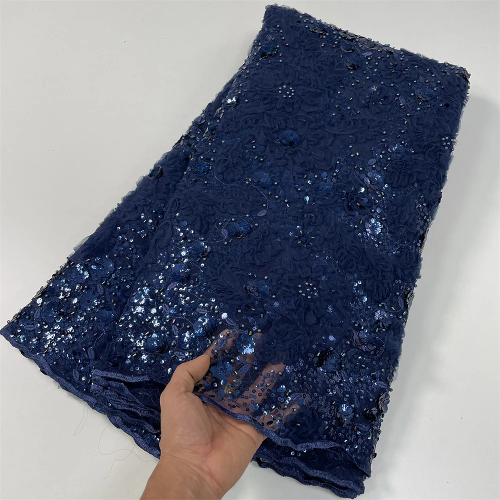 Embroidery Sequins Pearls African Nigerian 3D Lace Fabric 2024 High Quality Blue French Embroidery Beaded Luxury Wedding Lace