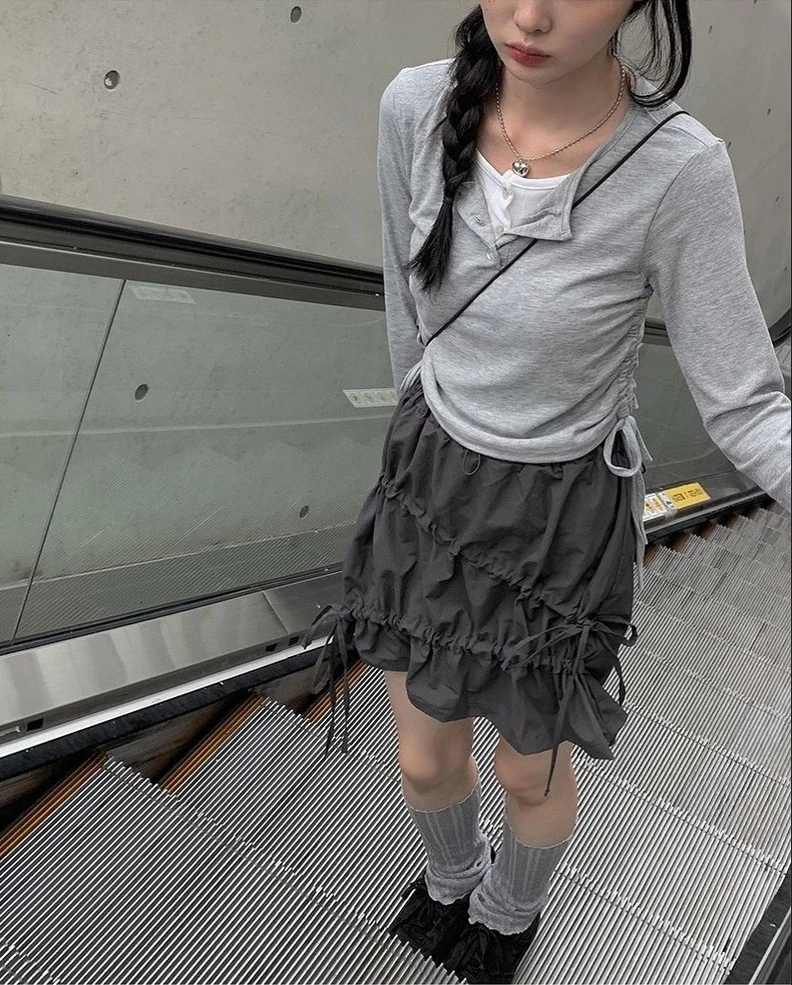 

Street Sle Waterproof Nylon Skirt with Dstring And Tie High Waist ort Skirt for Women Summer 2024 Faion Trend