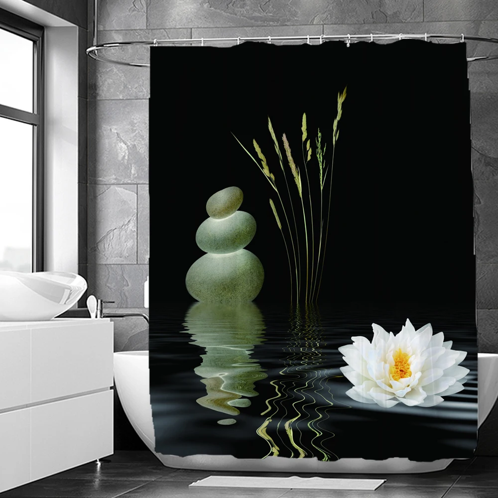 Flowers Zen Stone Shower Curtain Sets with Non-Slip Rugs Toilet Lid Cover and Bath Mat Waterproof Bathroom Curtains Home Decor