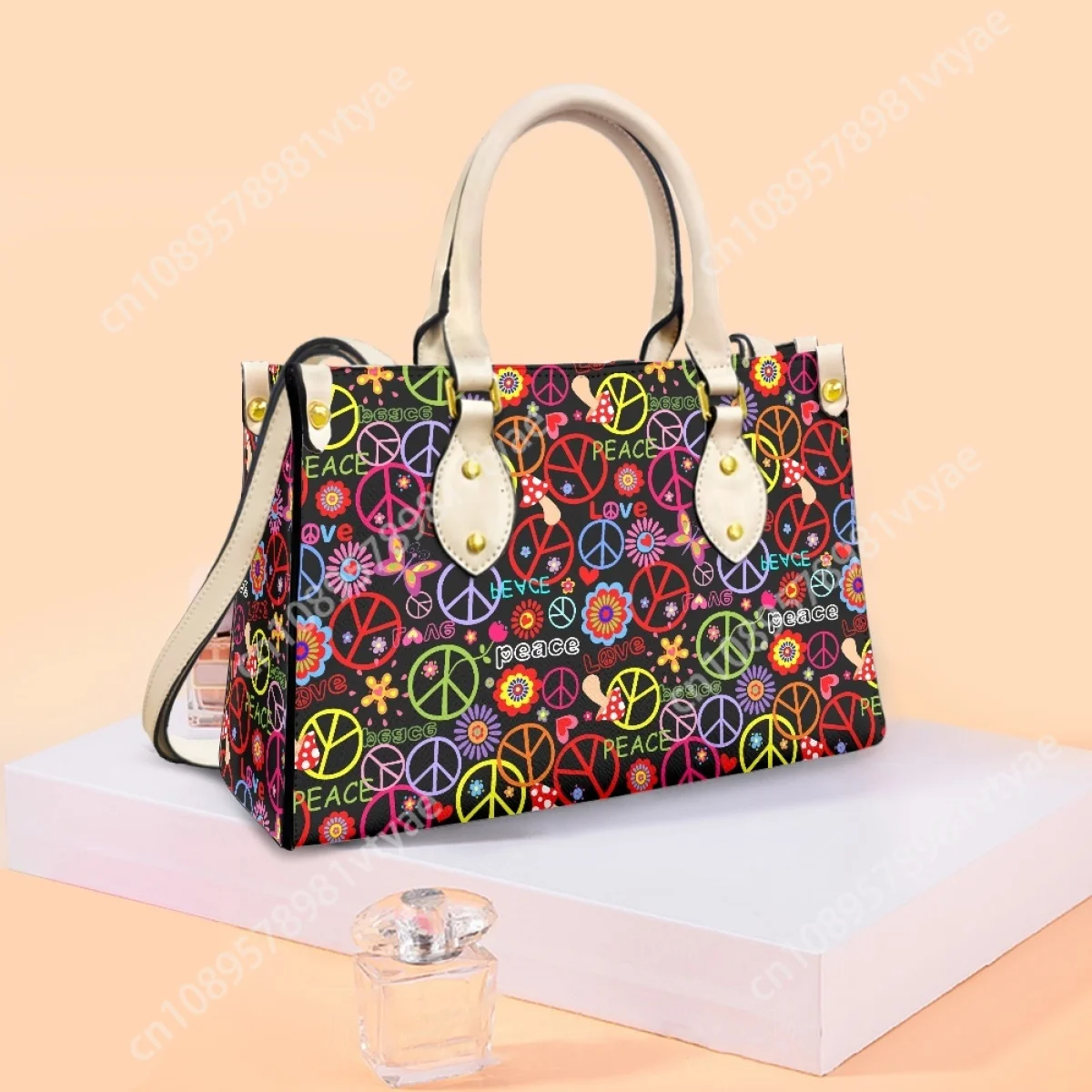 Colorful Peace Flowers Women Tote Bag Pu Leather Hippie Symbol Power Designer Shoulder Bag Female Fashion Messenger Handbag 2023