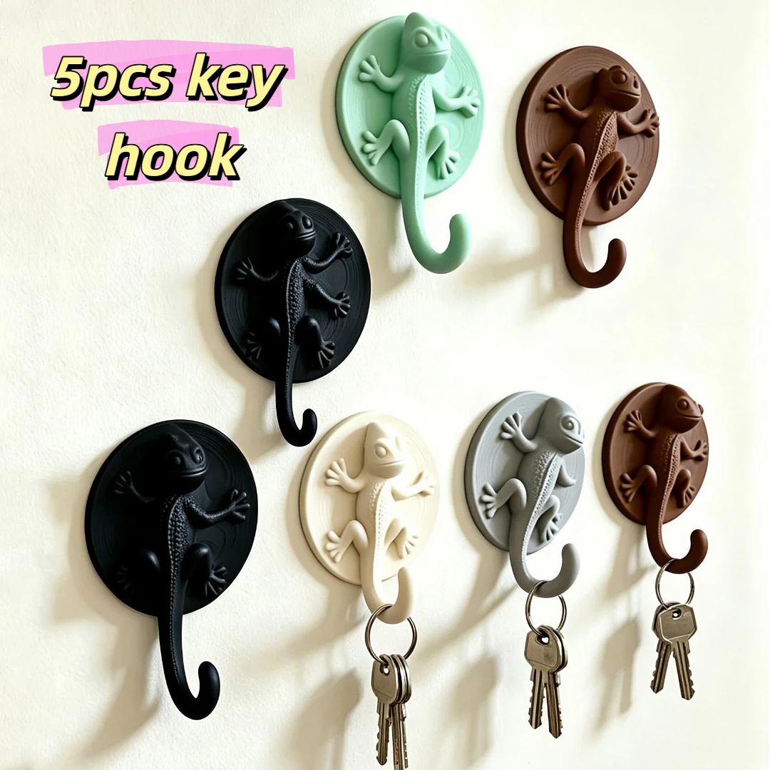 5-Pack Novelty Gecko Chameleon Wall Hooks Matte Plastic No-Drill Lizard Key Hangers Bohemian Neutral Style Home Decor with Delic