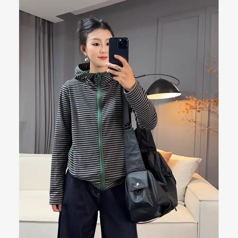 

Autumn and Winter New Striped Top Women's Half High Neck Long Sleeved Hooded Sweatshirt Lazy Loose Versatile Hoodie Women