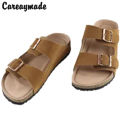 Careaymade-vera pelle scamosciata pelle smerigliata sughero burken scarpe mezze pantofole sandali estivi da donna con fibbia a fondo piatto