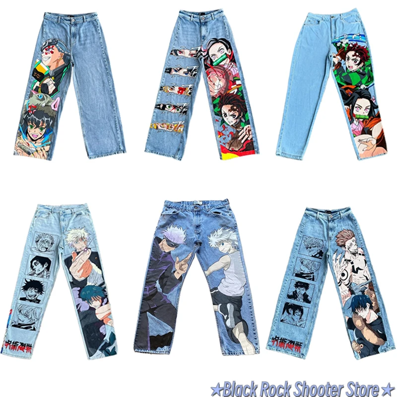 Y2k baggy jeans Harajuku print pattern Streetwear fashion Hip Hop men women high waisted Casual wide leg jeans Anime clothes