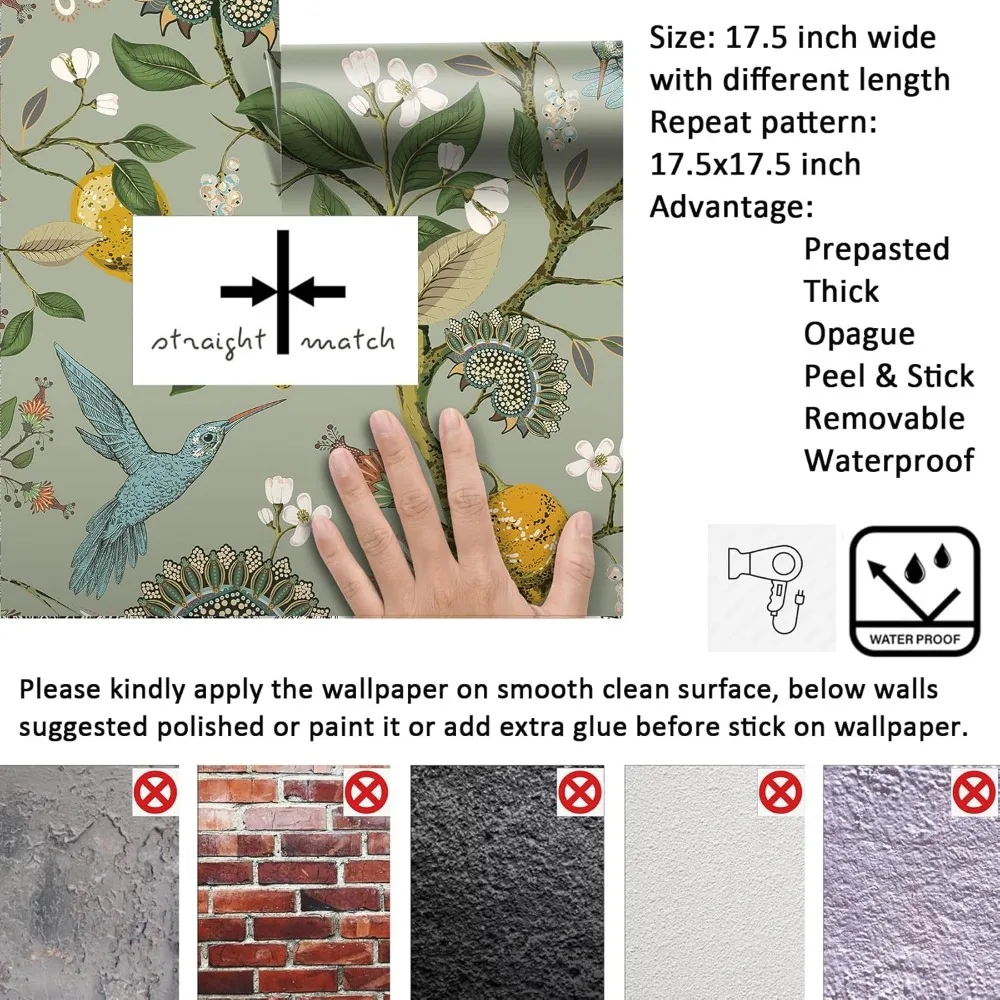 ورق جدران كلاسيكي قابل للتقشير واللصق باللون الأخضر المريمية مع الطيور والزهور والليمون الذهبي والأشجار للمطبخ، طراز بوهيمي