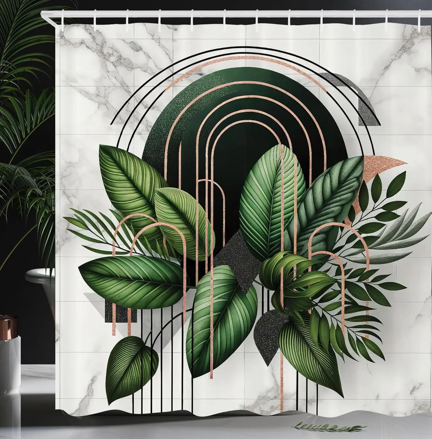 Contemporary Design Mid Century Modern Roundy Lines and Leaves Exotics, Cloth Fabric Bathroom Decor Set with Hooks,Fern Green