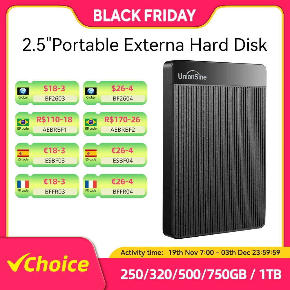 محرك الأقراص الصلبة الخارجي المحمول UnionSine HDD 2.5 بوصة 250 جيجابايت/320 جيجابايت/500 جيجابايت 1 تيرا بايت USB3.0 جهاز تخزين سرعة نقل سريعة لنسخال البيانات