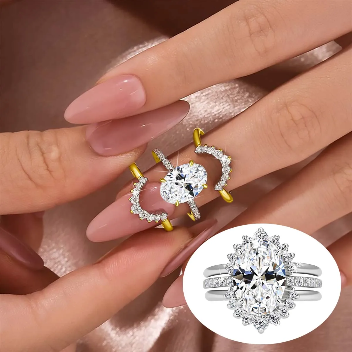 

Комплект из 3 обручальных колец с муассанитом 5 карат и бриллиантами Halo, 14K позолоченные, для женщин, оптом