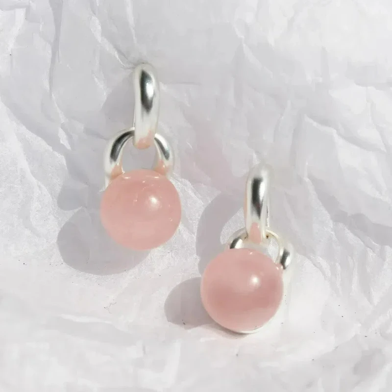 

Classic Fashion Jewelry Natural Pink Aventurine Stone Glacier Pink Ball Beads Matte Silver Plated New Arrival Earrings for Women