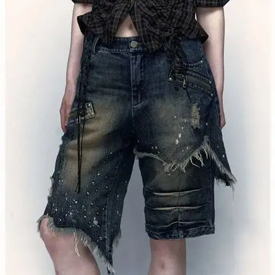 

Retro Punk Denim Shorts Street Washed Distressed Worn Wide-Legged Women New Design Mid-Length Pants