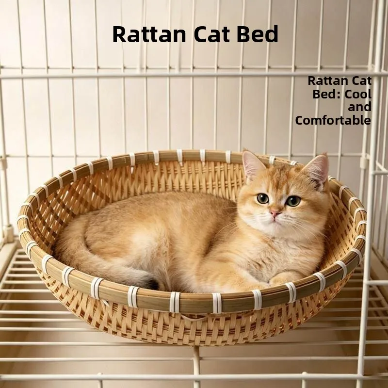 Breathable Waterproof Bamboo Woven  Nest Summer Cooling Handmade round Shape Pet Bed for Kittens Tear Resistant Indoor Use