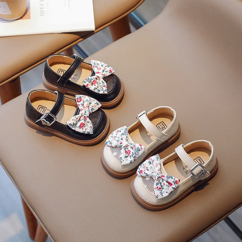 

Baby Shallow Mouth PU Leather Shoes New Girls Pastoral Princess Flats Spring Autumn Baby Soft Sole Bow School Student Loafer