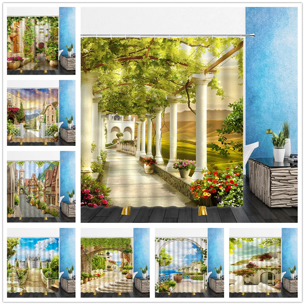 2021 New Rural Scenery Shower Curtain Home Decor Fashion Toilet Curtain Mouldproof Waterproof Toilet Curtain with Hook