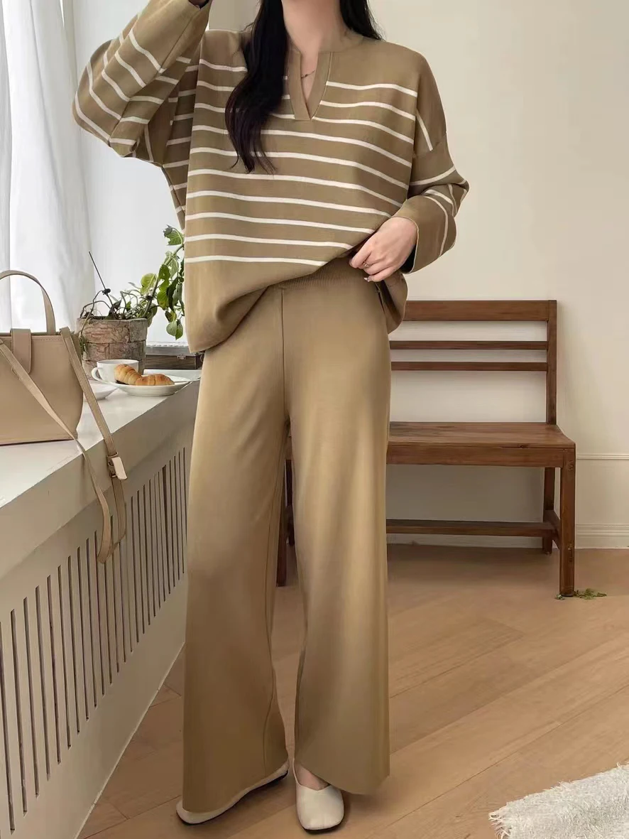 Women\'s Sweater Matching Set Winter New In Stripe Knit Pullover Long Sleeve Top Wide Leg Pants Set Casual Elegant Women\'s Sets