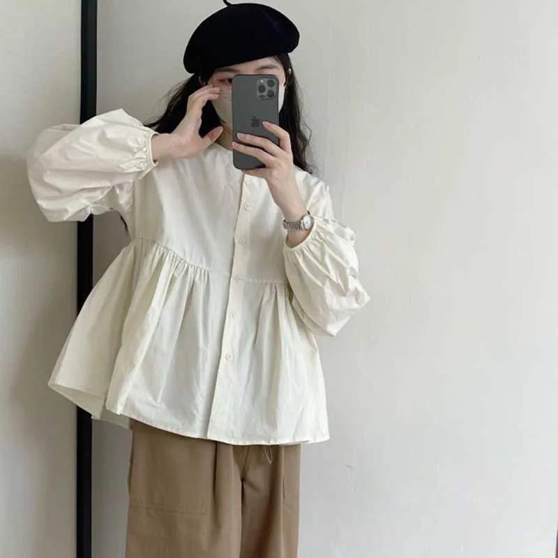 Sweet O-Neck Button Loose Solid Color Folds Shirts Female Clothing 2024 Spring New Oversized Casual Tops All-match Blouses