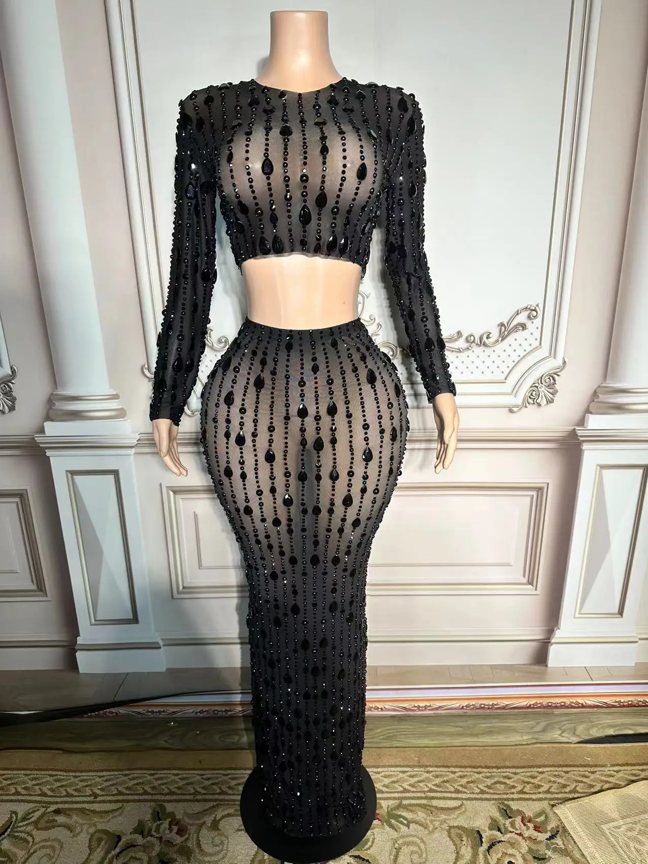 Black Rhinestones Mesh Transparent Long Sleeve 2 Pieces Set Outfit Evening Birthday Celebrate Top Skirt Dance Photography Dress