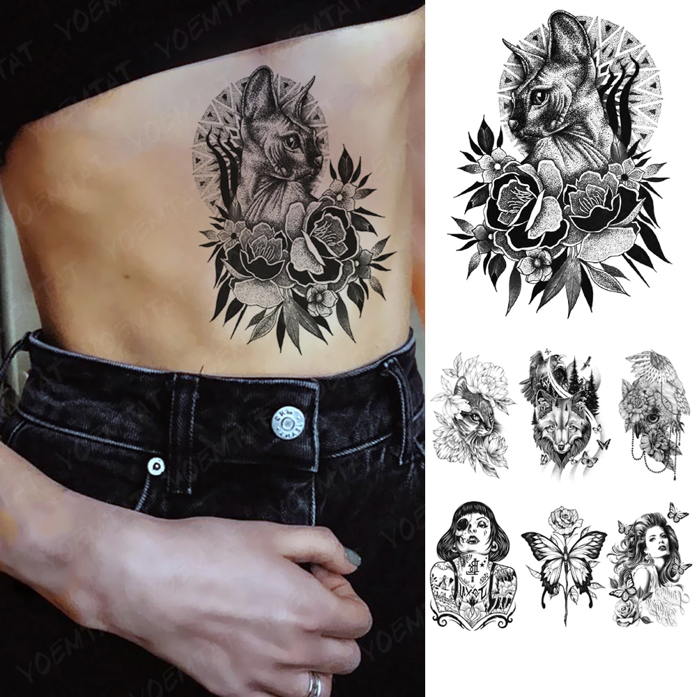 

Gothic Punk Y2K Waterproof Temporary Tattoo Sticker Dark Spot Style Cat Rose Flash Tattoos Body Art Arm Fake Tatoo Men Women