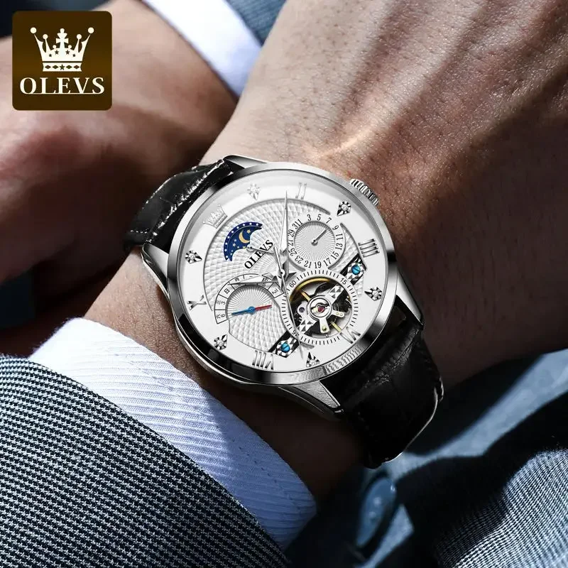 OLEVS Skeleton Watch for Men Calendar Dial Casual Leather Strap Waterproof Automatic Mechanical Men\'s Wristwatches Reloj Hombre