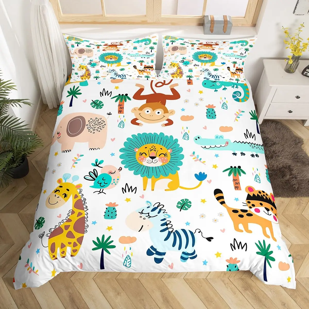 Cartoon Jungle Animals Bedding Set King Kids Safari Duvet Covers Lion Tiger Monkey Giraffe Quilt Cover Polyester Comforter Cover