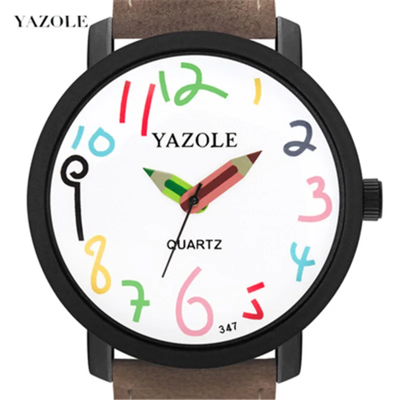 YAZOLE Children's Watch Creactive Pencil Pointer Quartz Watch Leather Belt Fashion Sport Watch for Kids Boys Girls Montre Enfant