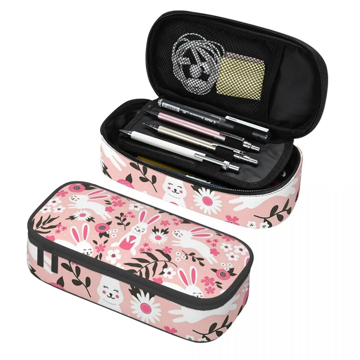

Пенал-косметичка с цветочным узором и кроликом, вместительный, для хранения канцелярских принадлежностей, для студентов
