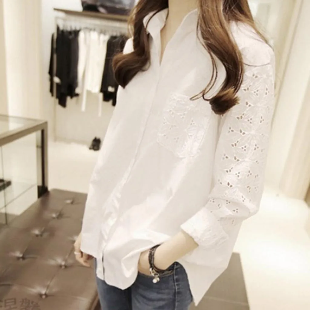 Fashion Women Business Embroidered Blouse 2024 Summer New Causal Solid Lapel Single-breasted Long Sleeve Hollow Out Shirt White