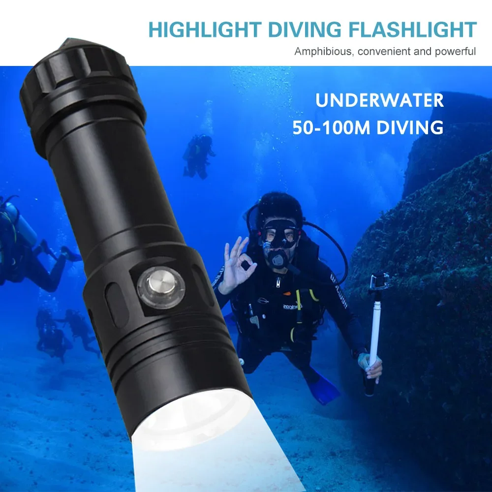 IPX8 Waterproof Underwater Lantern 100M L2 LED Scuba Diving Flashlight Power 5000LM 4Mode Dive Light By 5000mAh 26650 battery