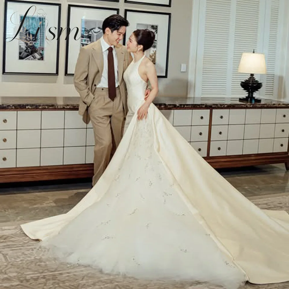 Lism Charming Detachable-Train Wedding Dress Trendy Halter Bridal Gowns Sexy A-Line Wedding Gowns Vestido Corset Back Customized