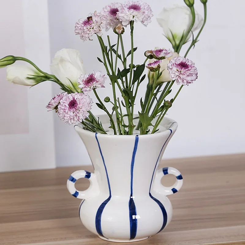 Double Ear Ceramic Vase, Geometric Striped Porous Hydroponic Vase, Living Room Flower Arrangement Container, Home Decoration