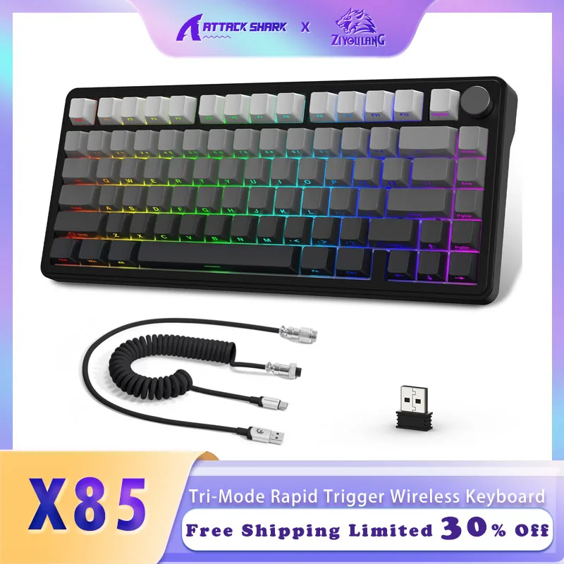 

ZIYOULANG & ATTACK SHARK X85 Wireless Mechanical Gaming Keyboard with Knob Hot Swappable BT/2.4GHz/USB-C Side Print PBT Keycaps